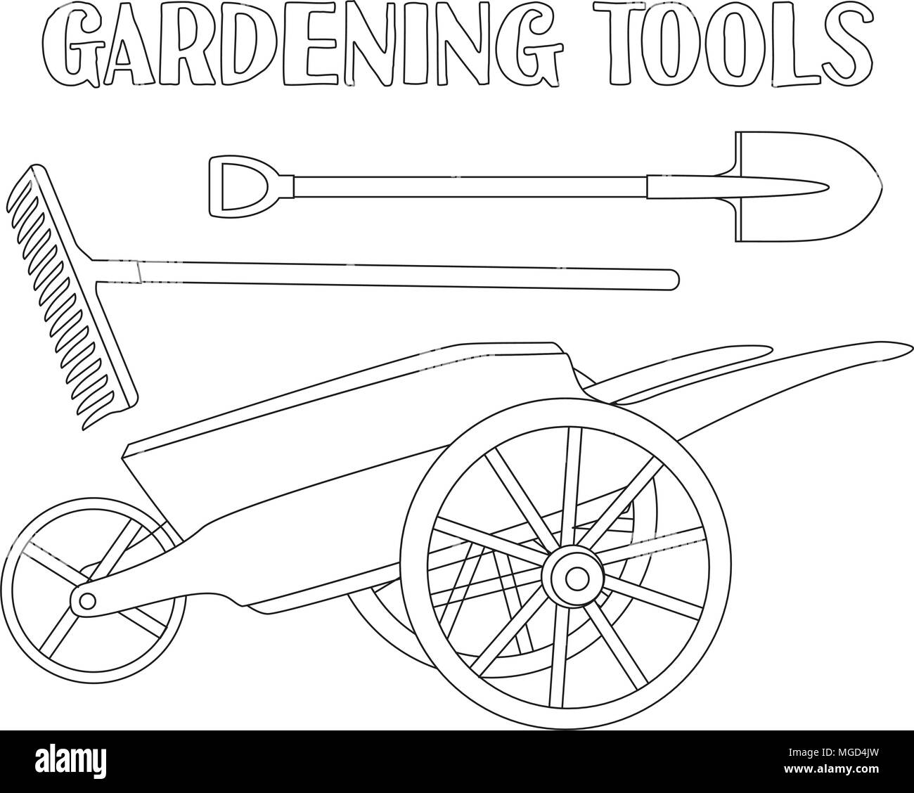 Line art black and white garden care toolls set shovel rake and wheelbarrow coloring book page for adults and kids garden tool vector illustration stock vector image art