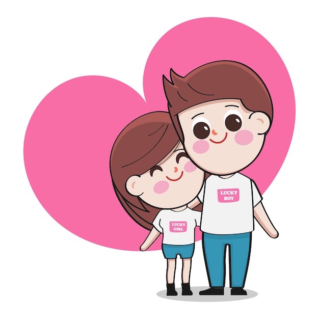 Pareja de dibujos animados de carãcter novios en el fondo de pre boda de corazon de color rosa vector gratis