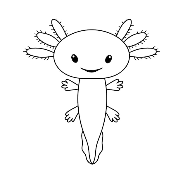 Ilustraciãn vectorial de salamandra ajolote tilizada linda aislada en blanco sonrisa de ajolote bebã dibujo en tilo de contorno para libro de colorear vector premium