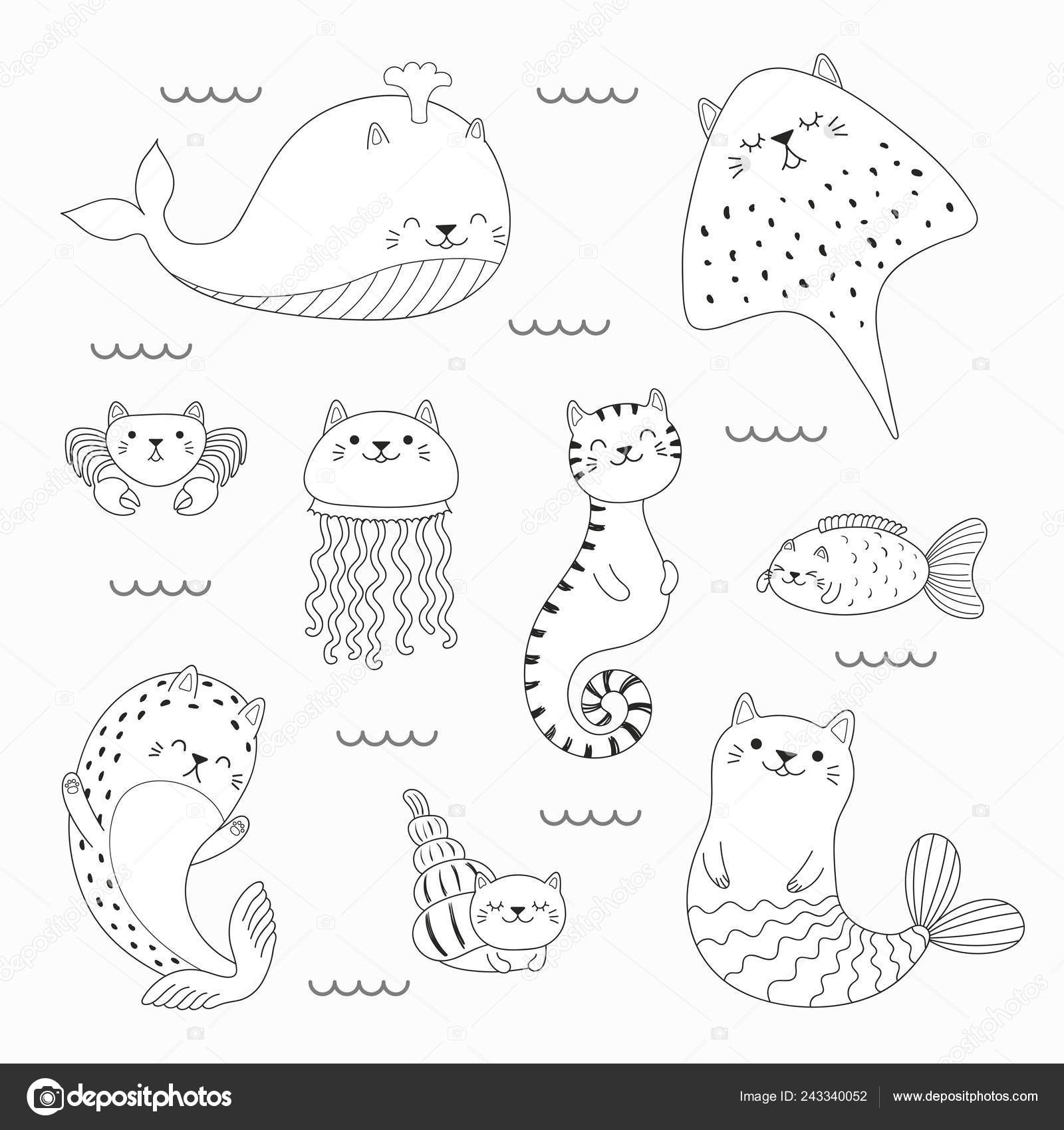 Set kawaii doodles sea animals cat ears mermaid jellyfish ray stock vector by mariaskrigan