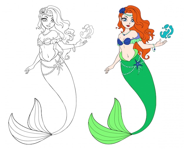 Premium vector cute cartoon mermaid outlined for coloring book isolated on a white background