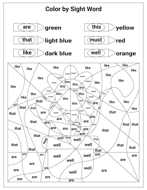 Sight words coloring pag hoja de trabajo educativa para el aprendizaje precolar y de la cuela primaria colorear vector premium