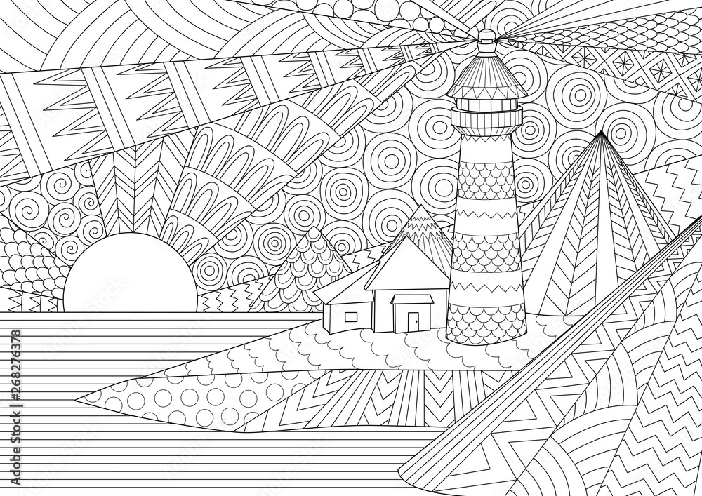 Coloring page coloring book for adults editable stroke width drawing colouring pictures of light house among mountainssunburst ocean and seawave antistress freehand sketch drawing with doodle and vector de