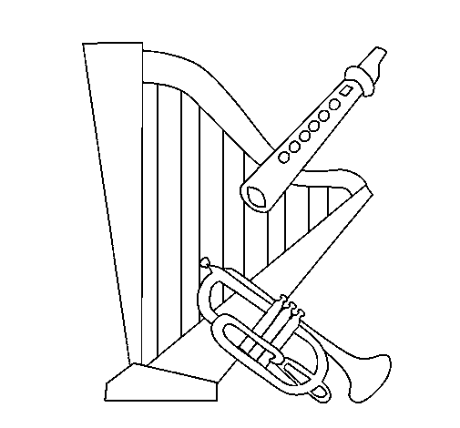 Harp flute and trumpet coloring page