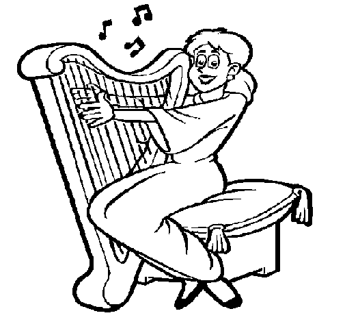 Dibujo de mujer tocando la arpa para colorear