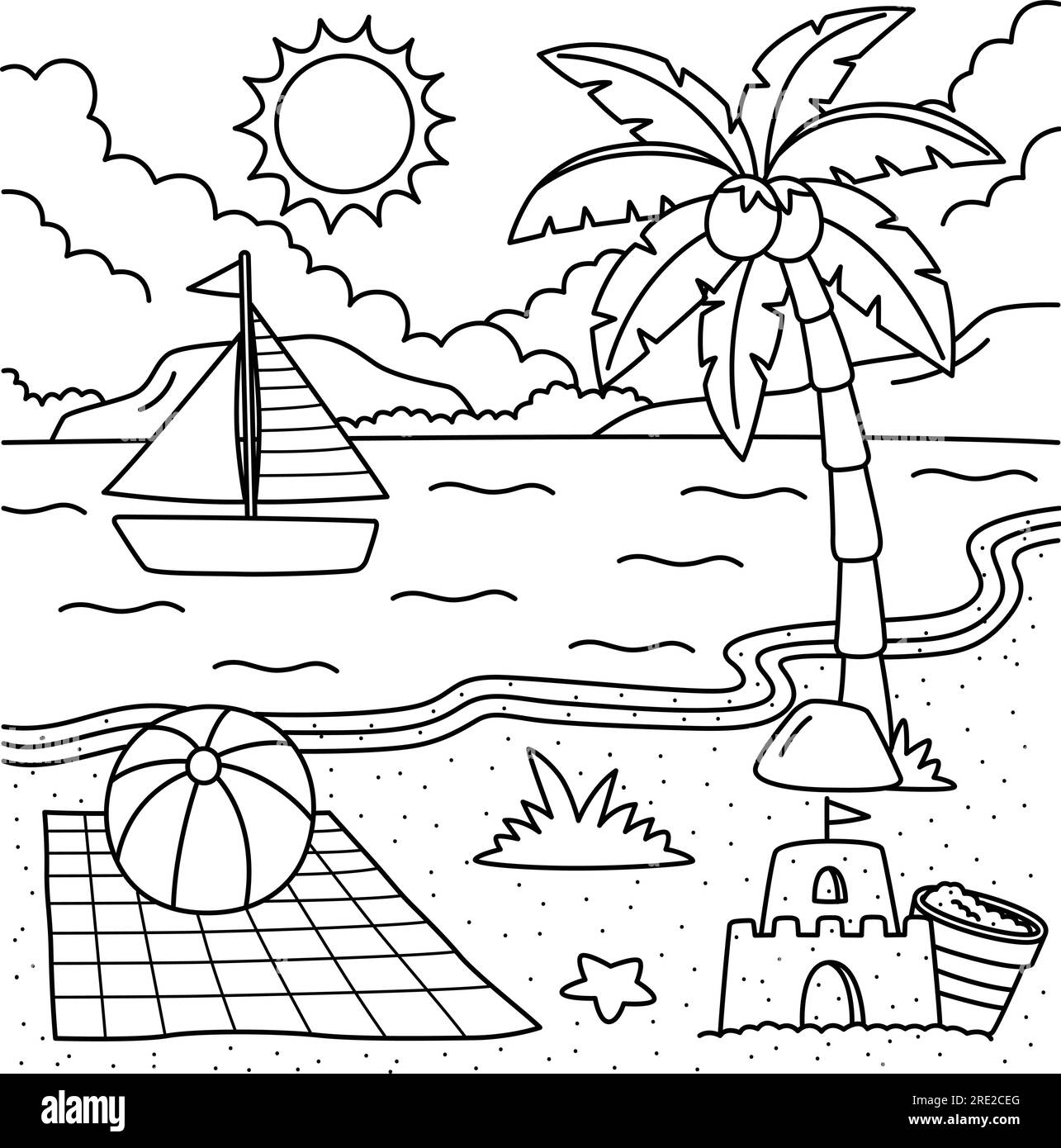 Beach summer coloring page for kids stock vector image art