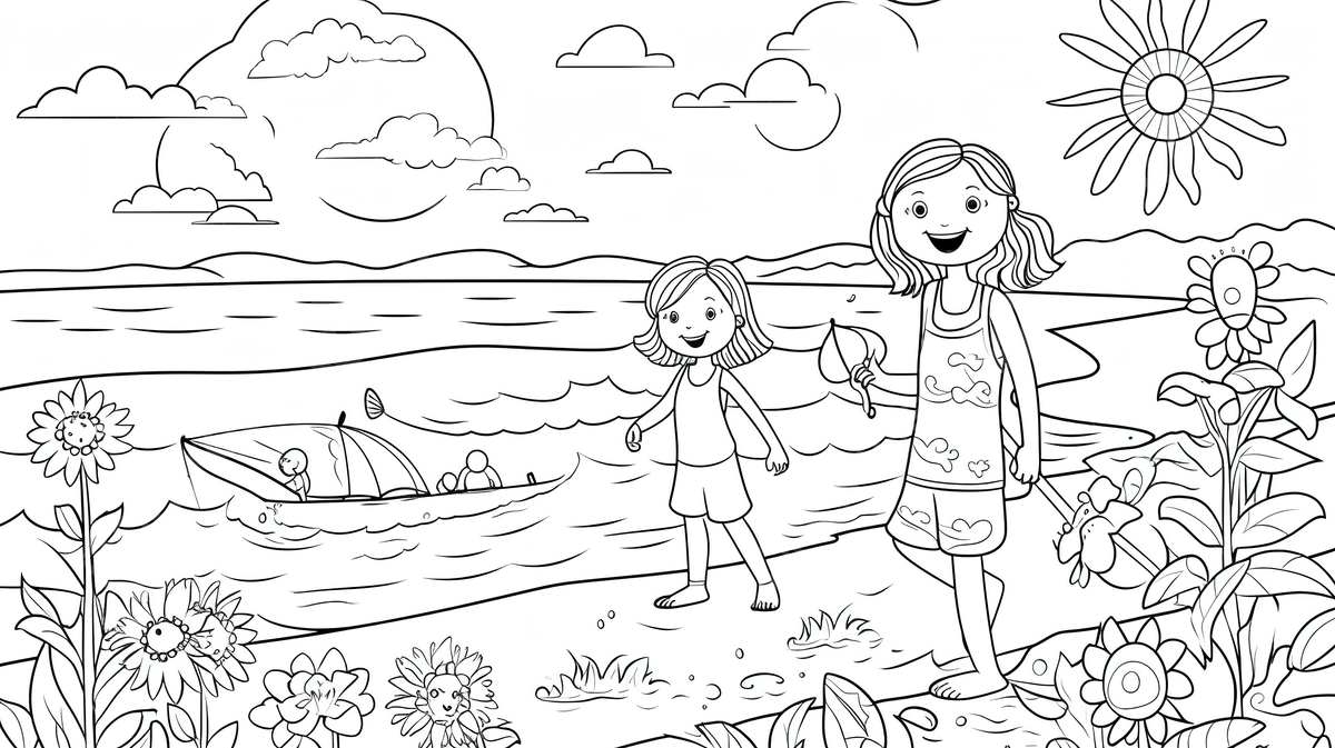 Fondo dibujo de dos niãos juntos en la playa para colorear fondo dibujos para colorear de verano el verano powerpoint de viaje imagen de fondo para dcarga gratuita