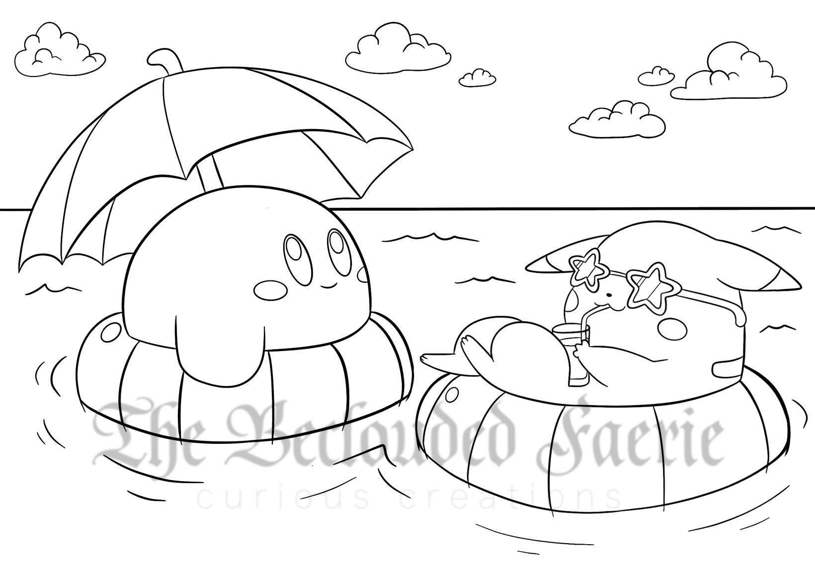 Pãgina para colorear de kirby y pikachu en el ocãano de verano