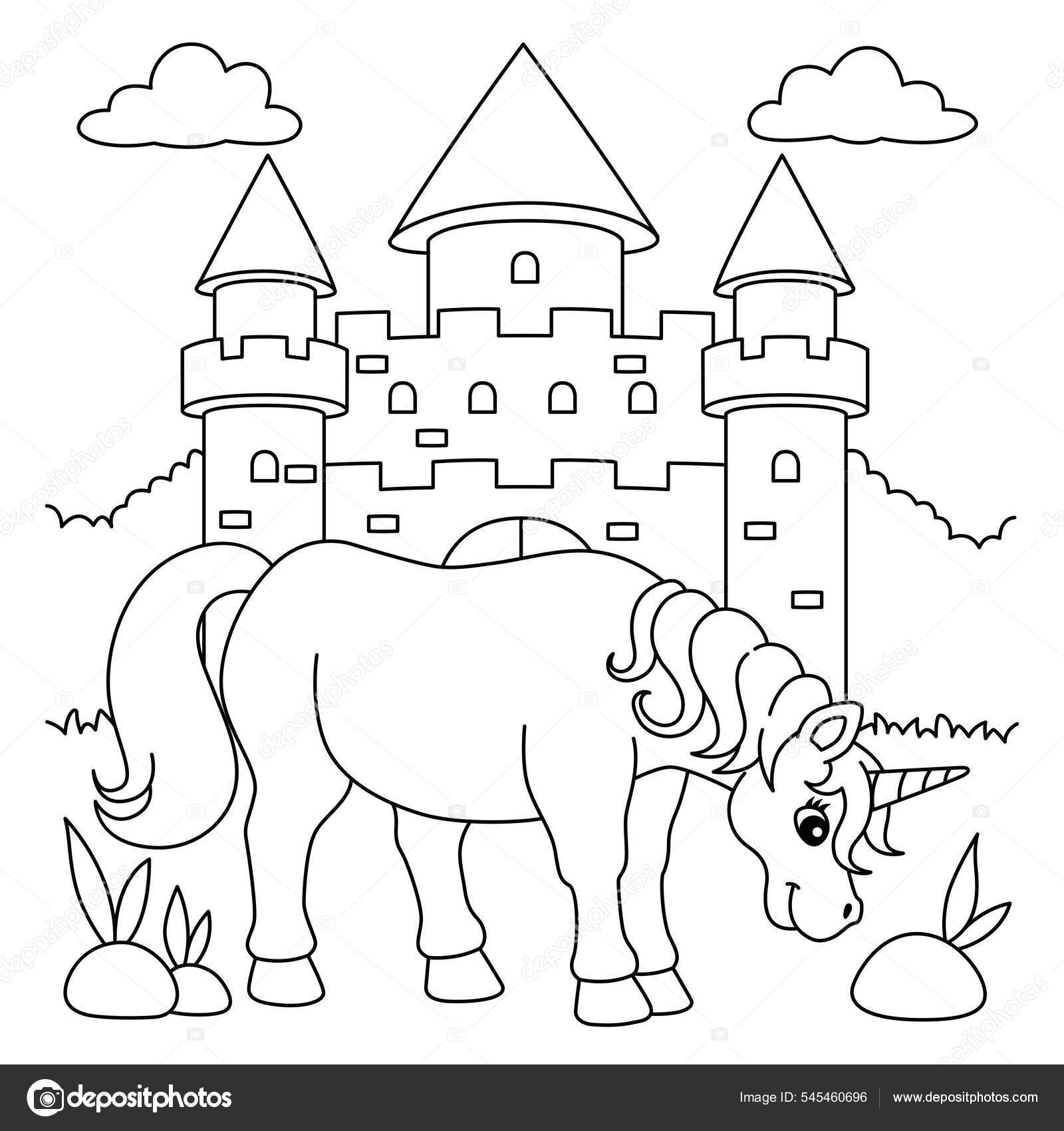 Pãgina para colorear del castillo de unicornio para niãos vector de stock por abbydesign