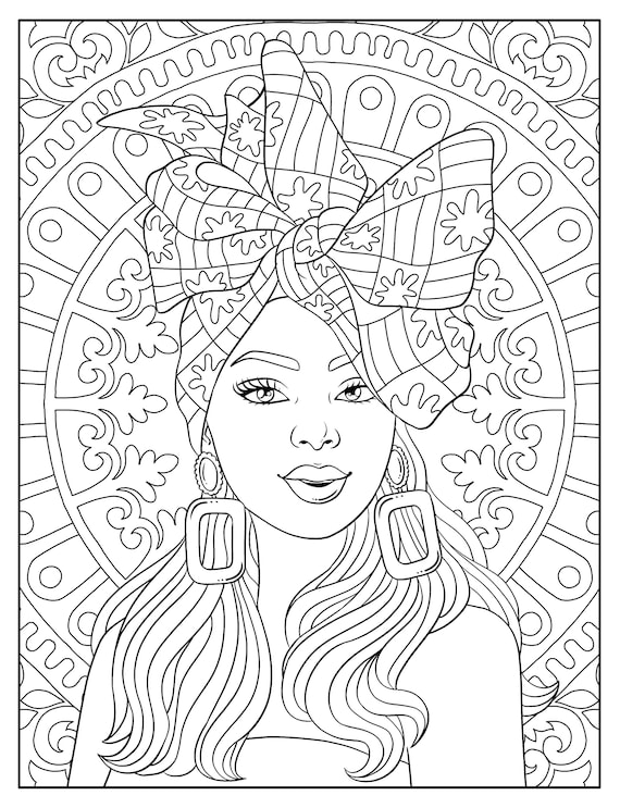 Printable adult coloring page beautiful black woman portrait download illustration printable jpg file