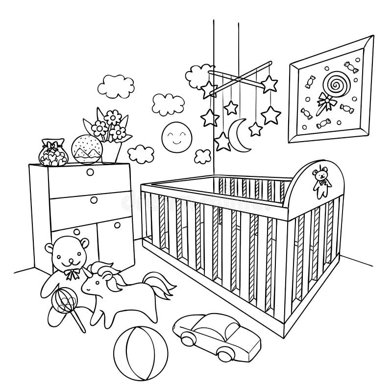 Hand drawn baby room for design element and coloring book page vector illustration stock vector