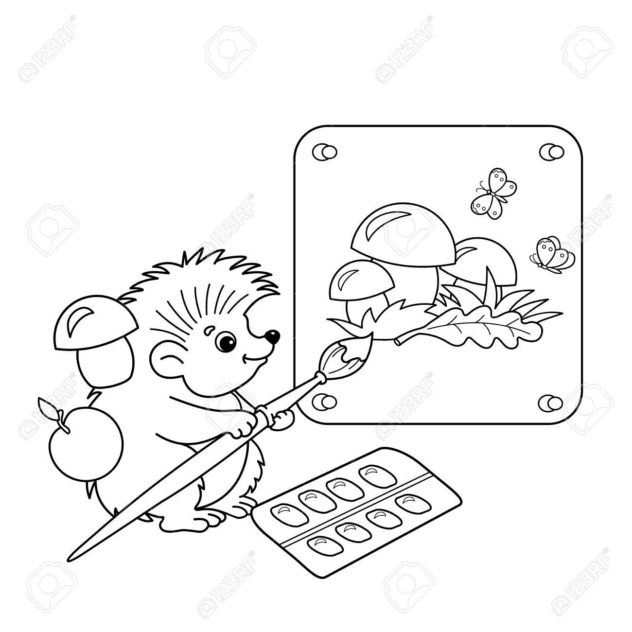 Coloring page outline de dibujos animados erizo con imagen de setas con pincel y pinturas dibujo para colorear para niãos ilustracion svg vectorial clip art vectorizado libre de derechos image