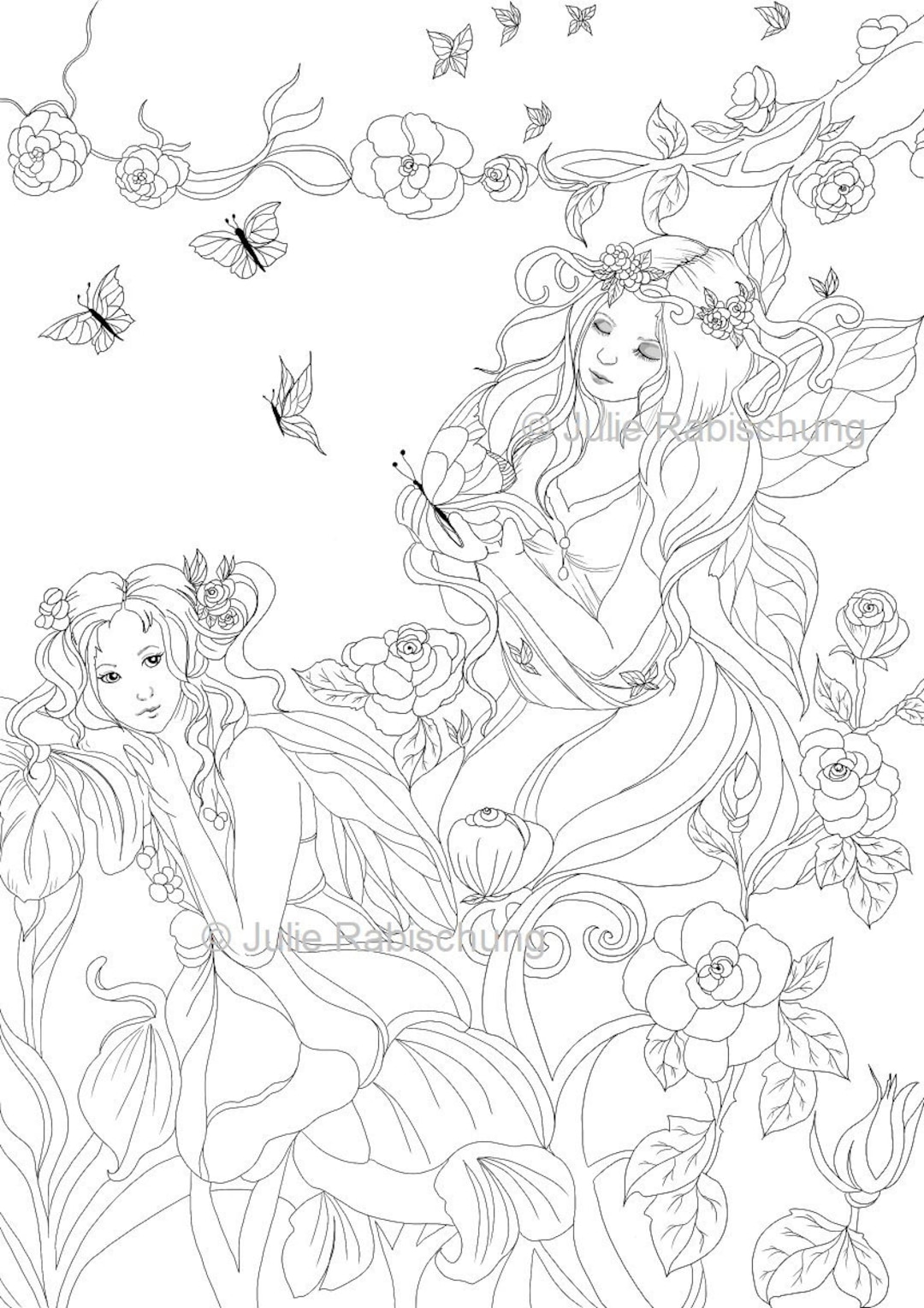 Fairies coloring pageflowers fairiesspringbutterfliesprintable coloring pagehigh resolutioninstant downloadfantasy coloring page instant download