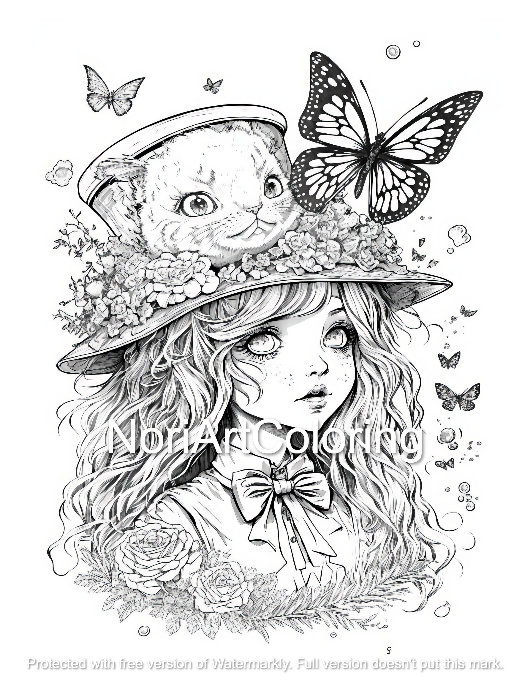 Anime alice in wonderland with cheshire cat coloring page printable adult coloring pages download black and white illustration