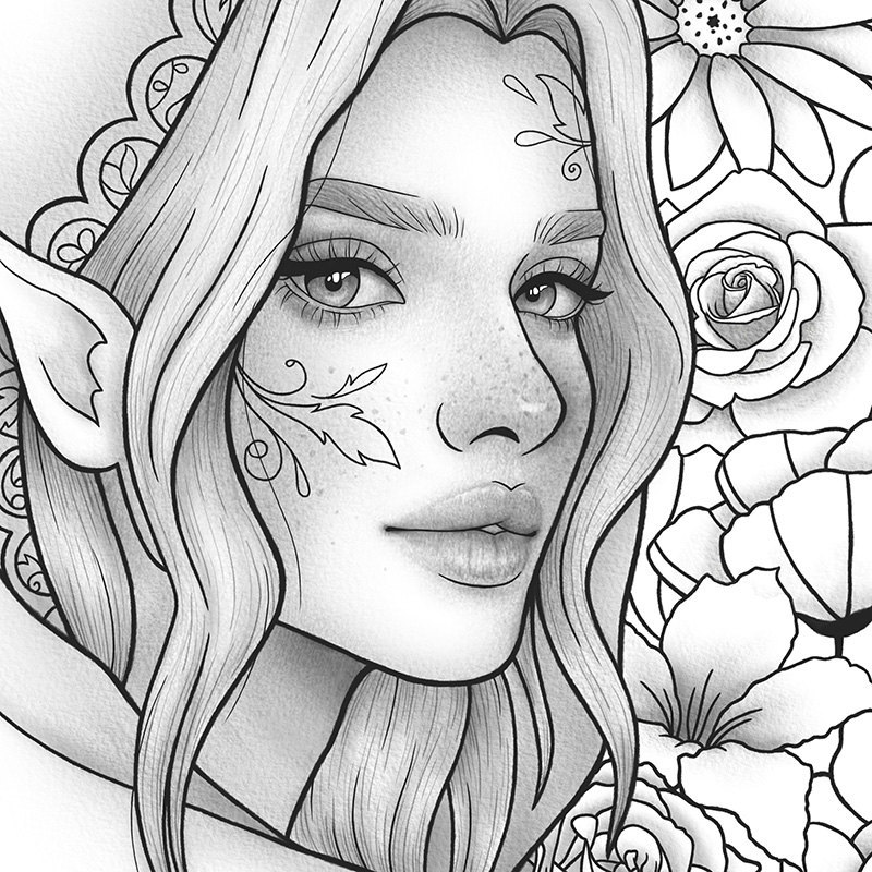 Adult coloring page fantasy floral girl portrait