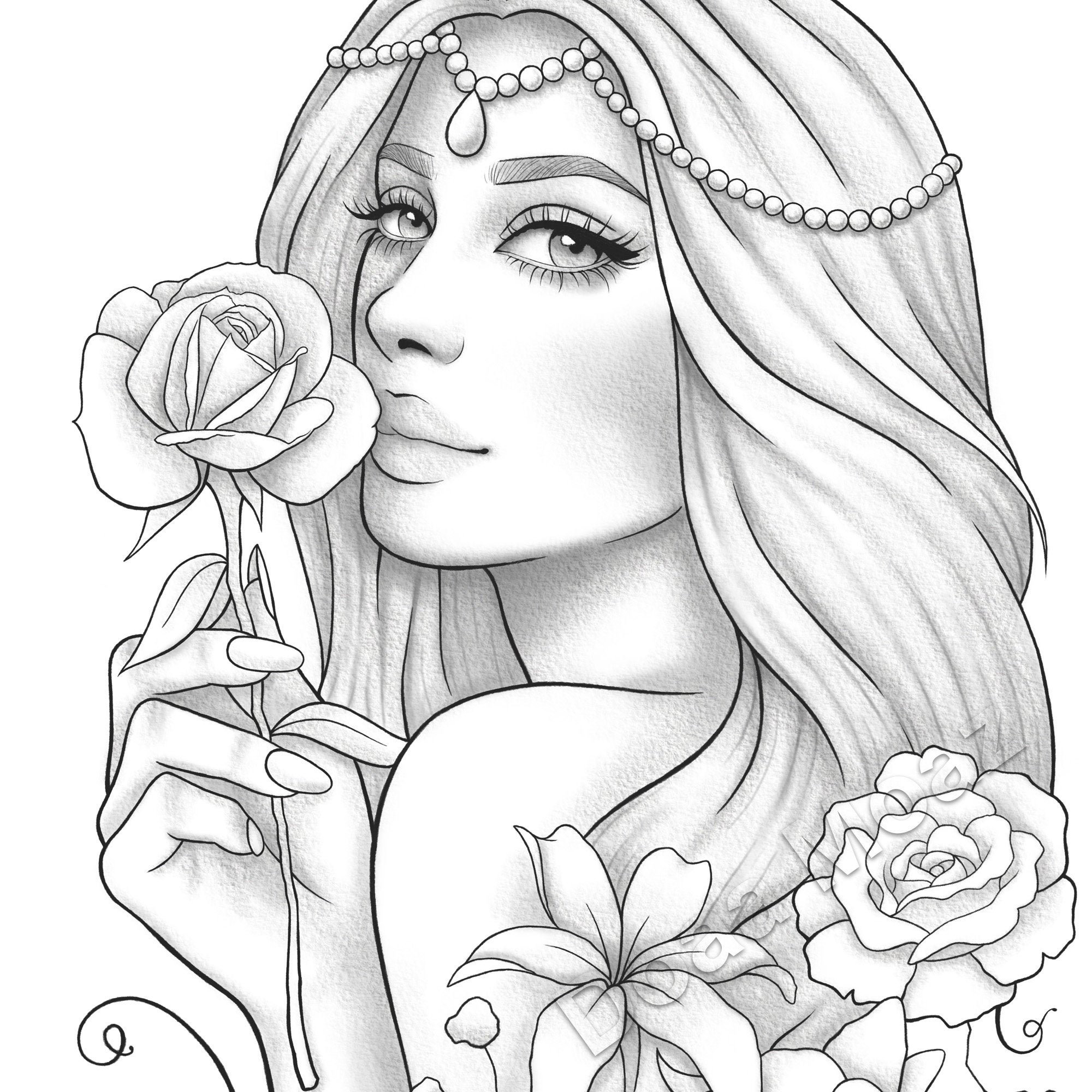 Adult coloring page fantasy floral girl portrait