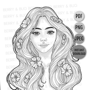 Adult coloring page fantasy floral girl portrait