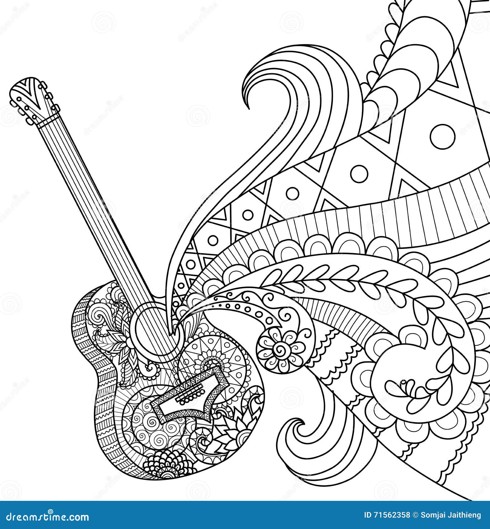 Doodles design of guitar for coloring book for adult stock vector