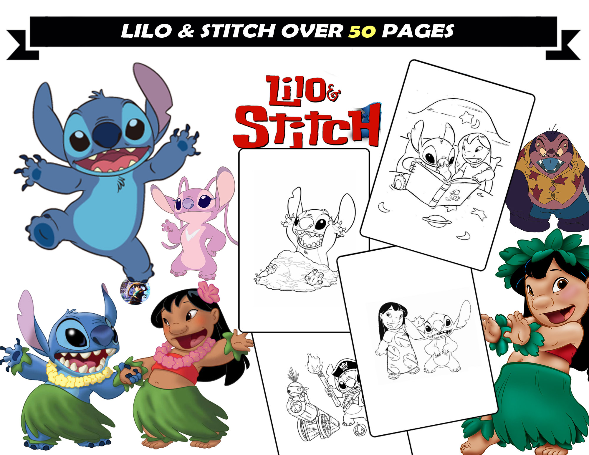 Stitch lilo coloring cartoon characters printable coloring book for children princess coloring pages instant download activity for kids