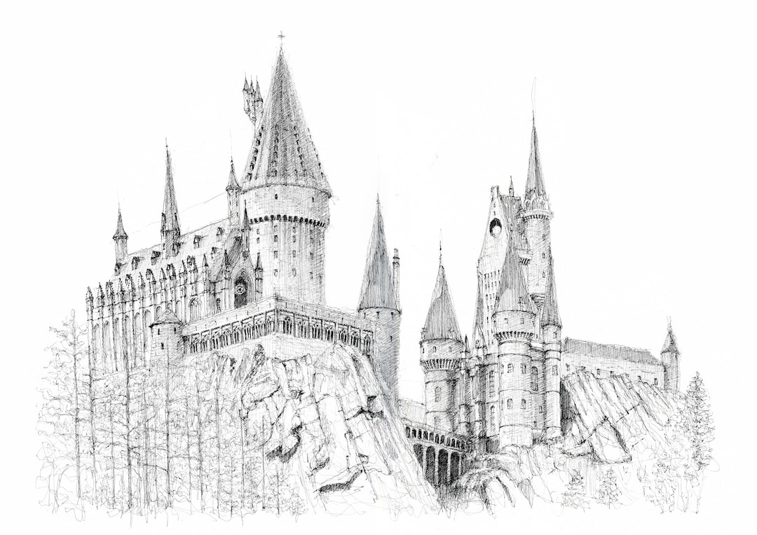 Drawing of hogwarts castle harry potter print wall art sketch print