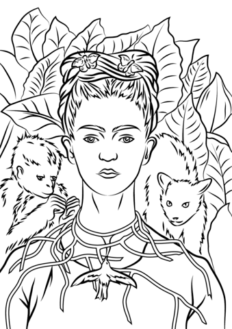 Self portrait with necklace of thorns by frida kahlo coloring page free printable coloring pages