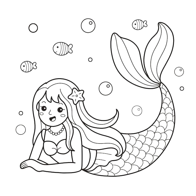 Free vector cute coloring book with mermaid