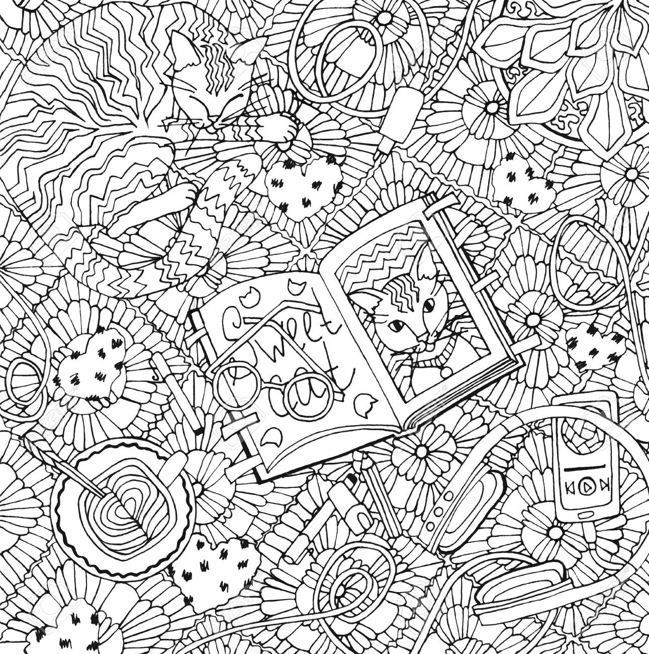 Coloring book for children and for adults colouring pictures with cat sketchbook sweet cat plaid antistress freehand sketch drawing stock photo picture and royalty free image image