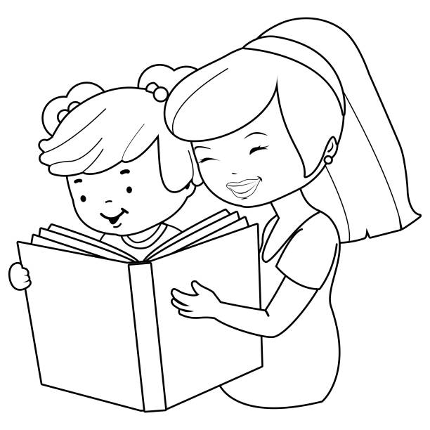 Mother and child reading a book vector black and white coloring page stock illustration