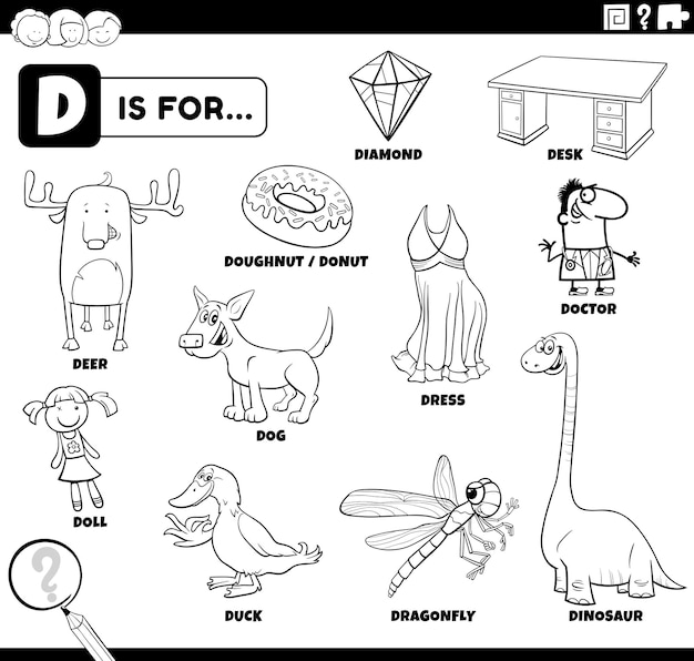 Premium vector cartoon characters and objects starting with letter d set coloring book page