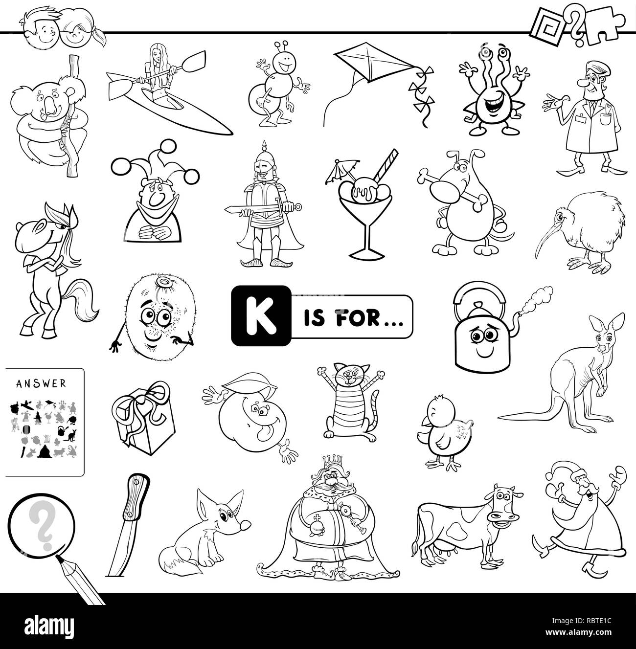 Black and white cartoon illustration of finding picture starting with letter k educational game workbook for children coloring book stock vector image art