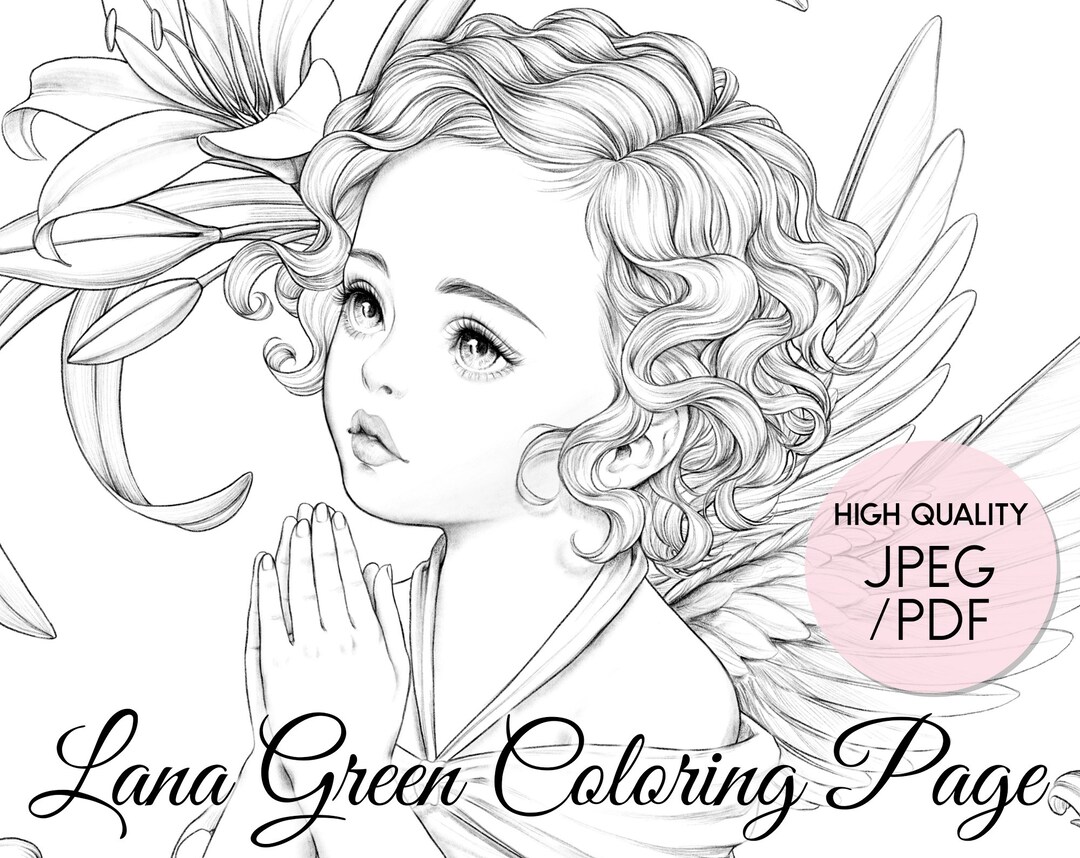 Baby angel coloring page for adults grayscale coloring page instant download lana green art jpeg pdf