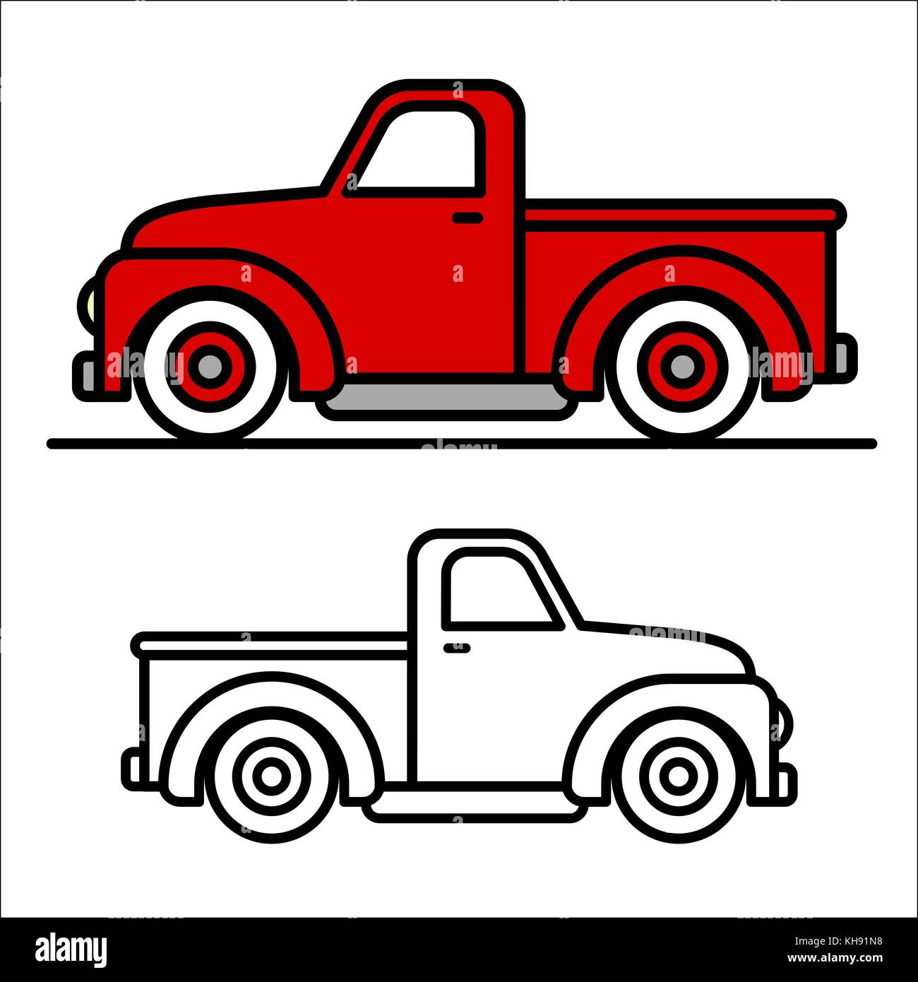 Dos dibujos de dibujos de dibujos de camionetas de dibujos animados clãsicos uno rojo y uno negro y blanco en vista lateral ilustraciãn vectorial imagen vector de stock