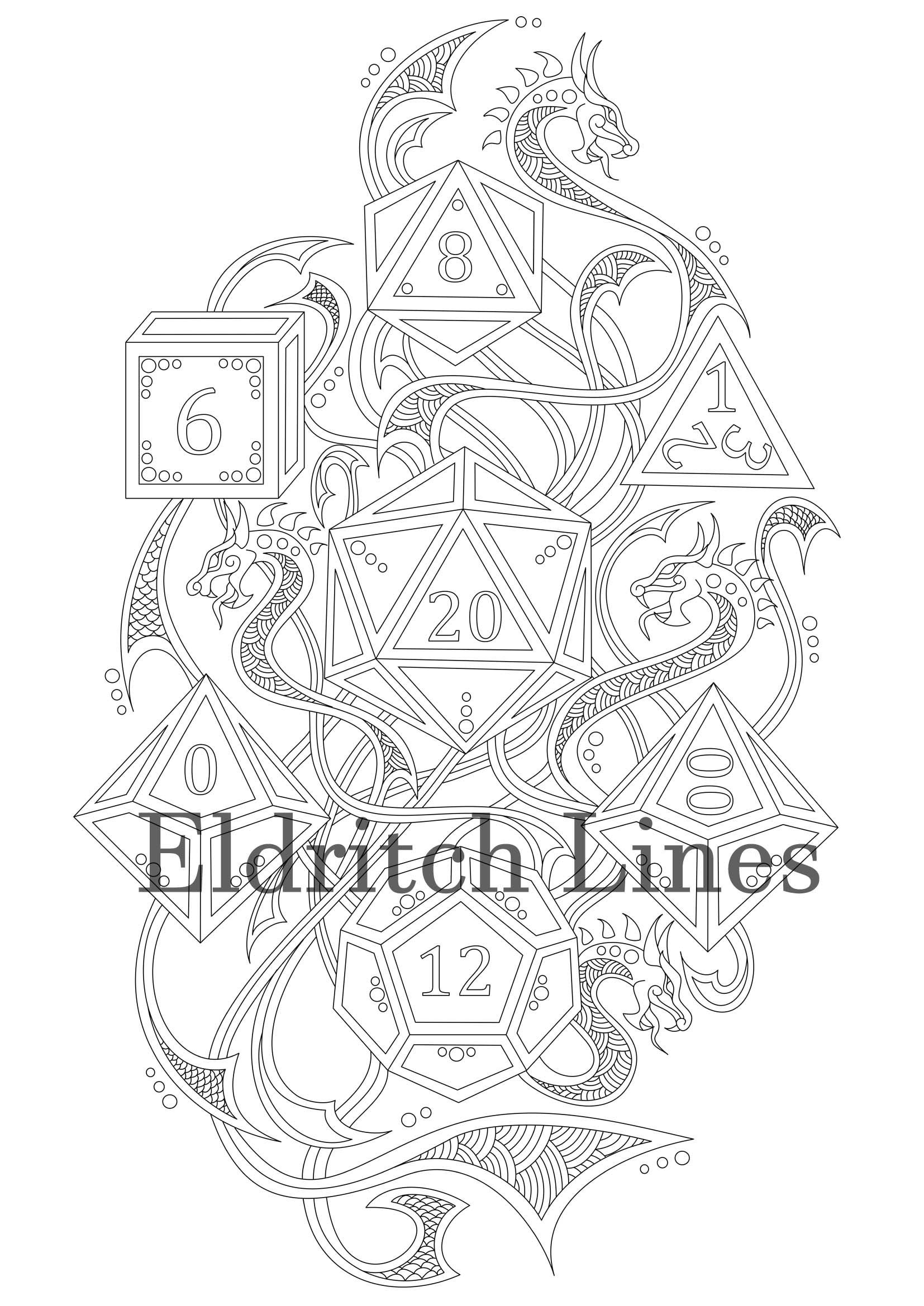 Polyhedral dnd dice set printable adult coloring page lineart pyrography pattern digital download pdf file