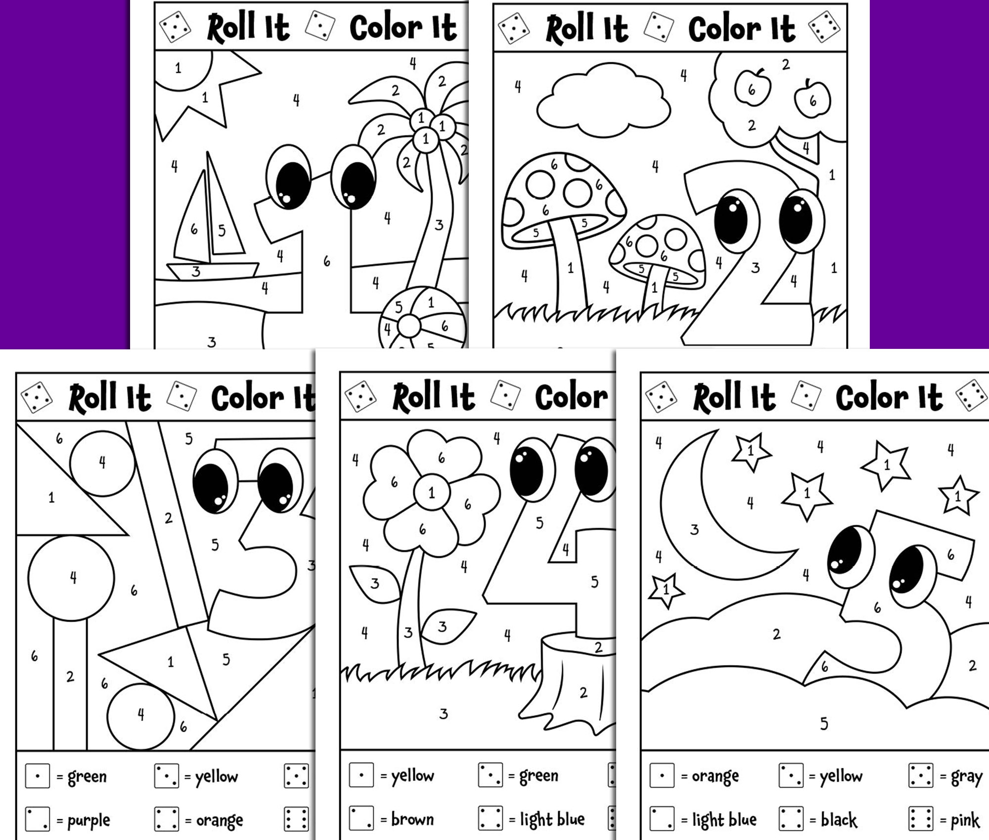 Color by number roll and color coloring pages math game dice game printable made by teachers