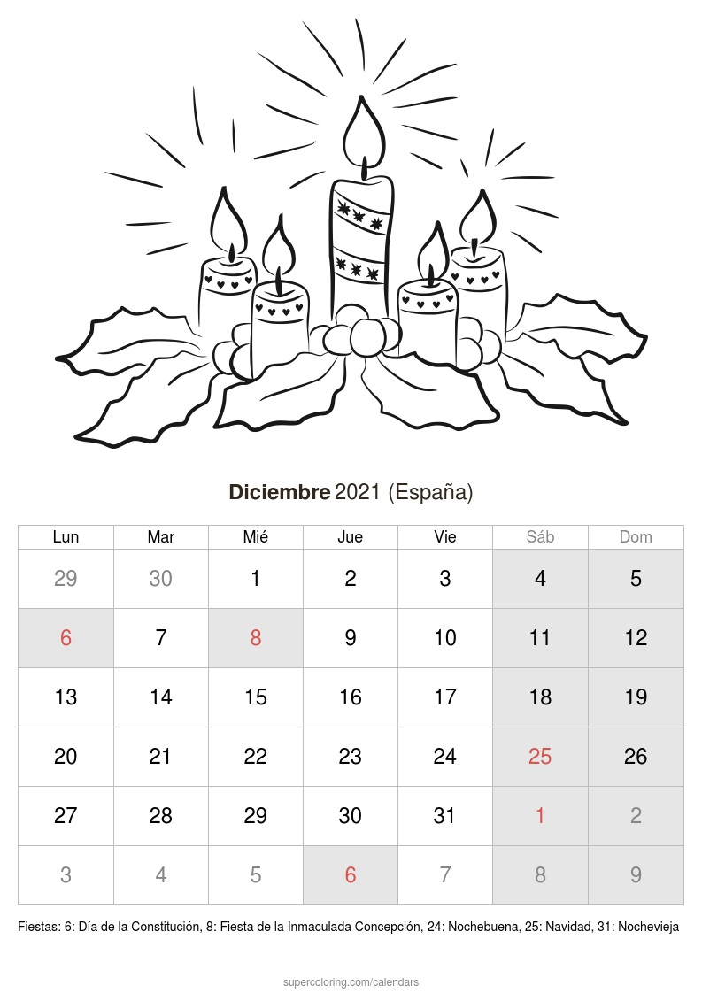 Calendario diciembre para imprimir espaãa