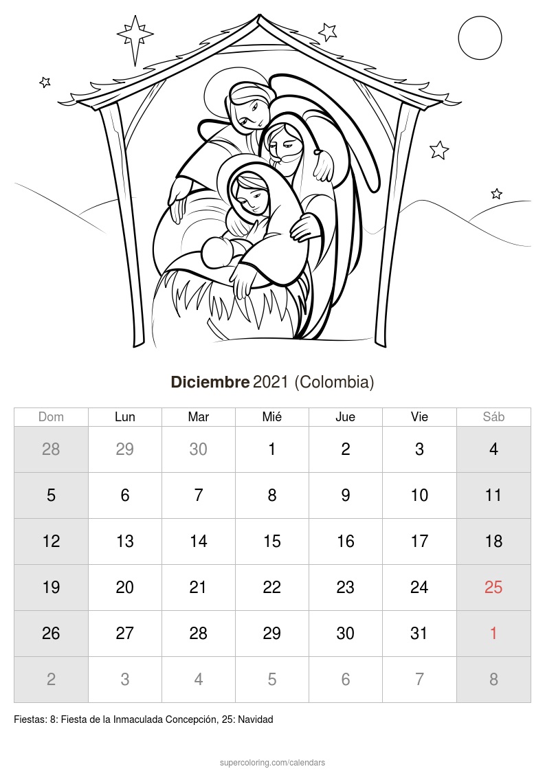 Calendario diciembre para imprimir colombia