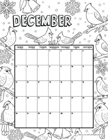 December printable calendar page