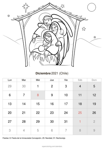 Calendario diciembre para imprimir chile