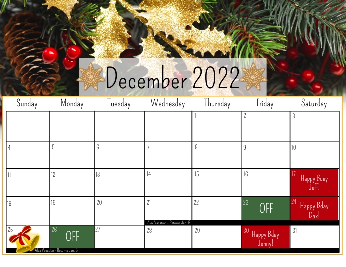 December calendar template