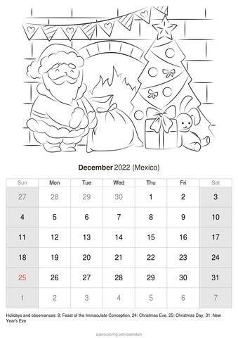 December printable calendar with holidays for mexico coloring calendar printable calendar calendar