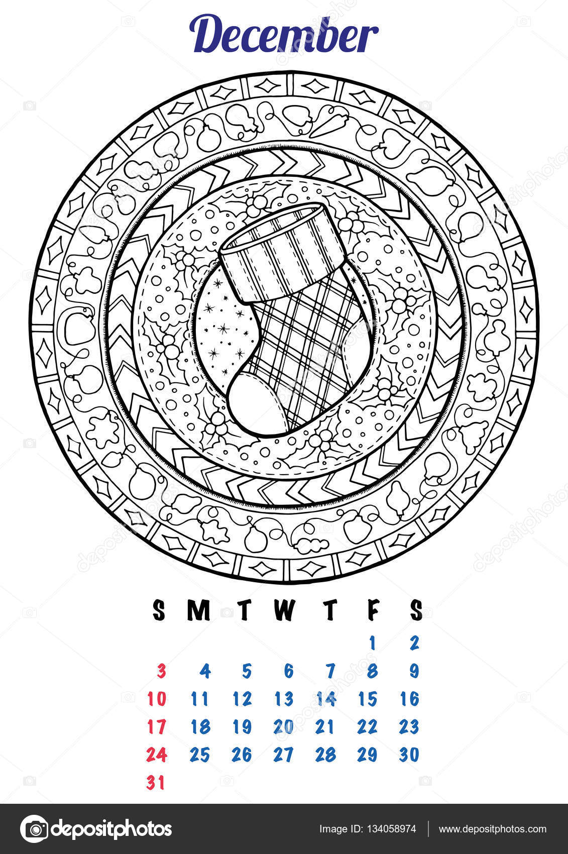 Diciembre planificador de calendario de diseão patrãn de aão nuevo de invierno mandala con calcetãn de navidad pãgina para colorear vector de stock por juliasnegireva