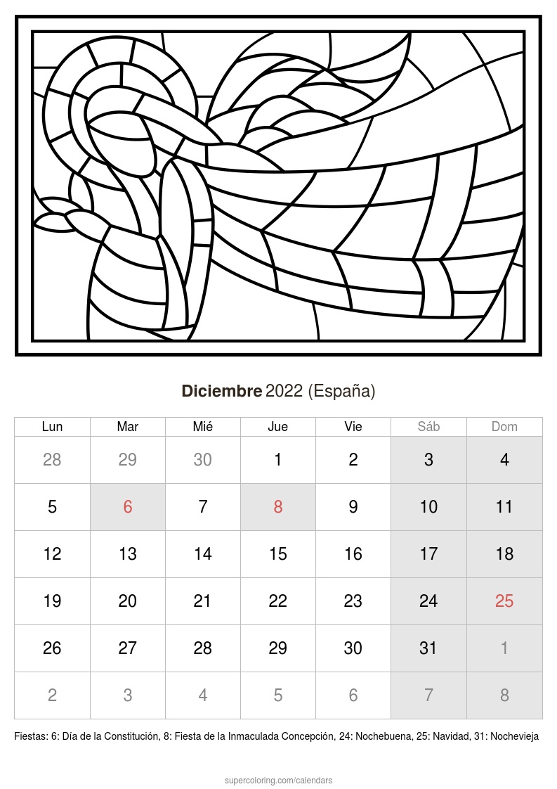 Calendario diciembre para imprimir espaãa