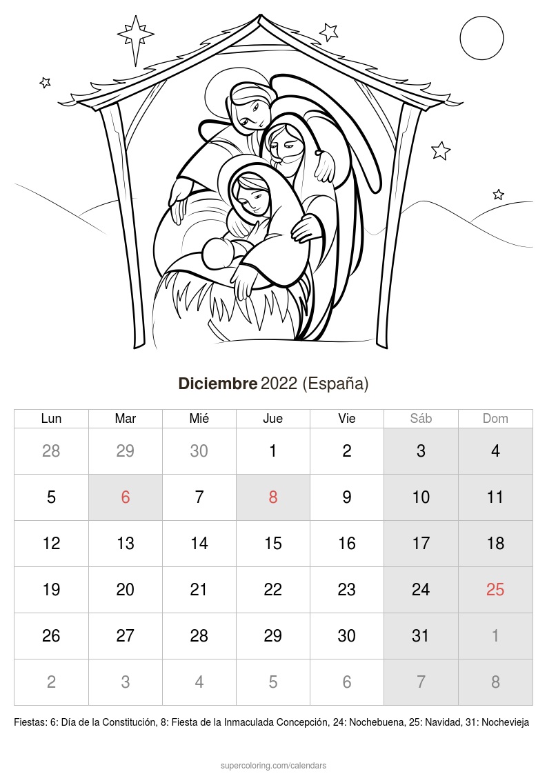 Calendario diciembre para imprimir espaãa