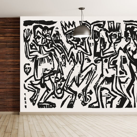 Black and white wallpaper art die irren iii artwork print wall mural by ernst ludwig kirchner boho peel and stick wallpaper