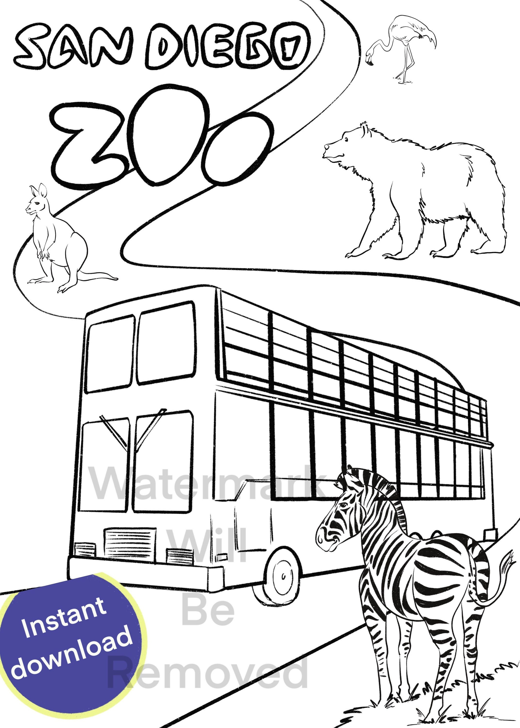 San diego zoo coloring page for kids socal balboa park animals instant download california road trip vacation activity sheet