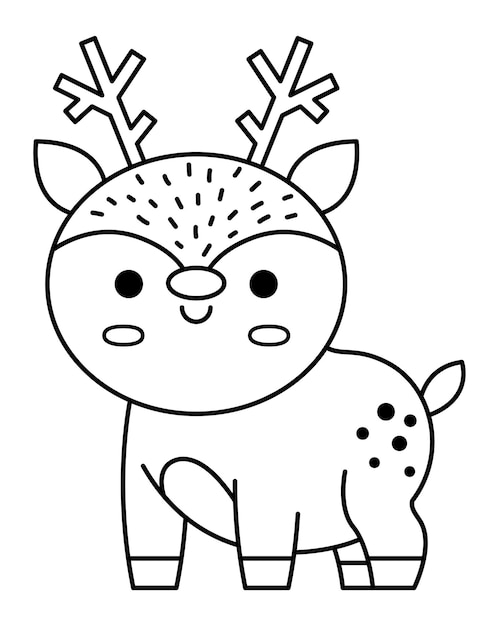 Vector blanco y negro kawaii venado lindo navidad animal carãcter ilustraciãn aislado blanco plano de fondo aão nuevo o invierno sonriente pequeão reno divertido lãnea icono colorear pãgina vector premium