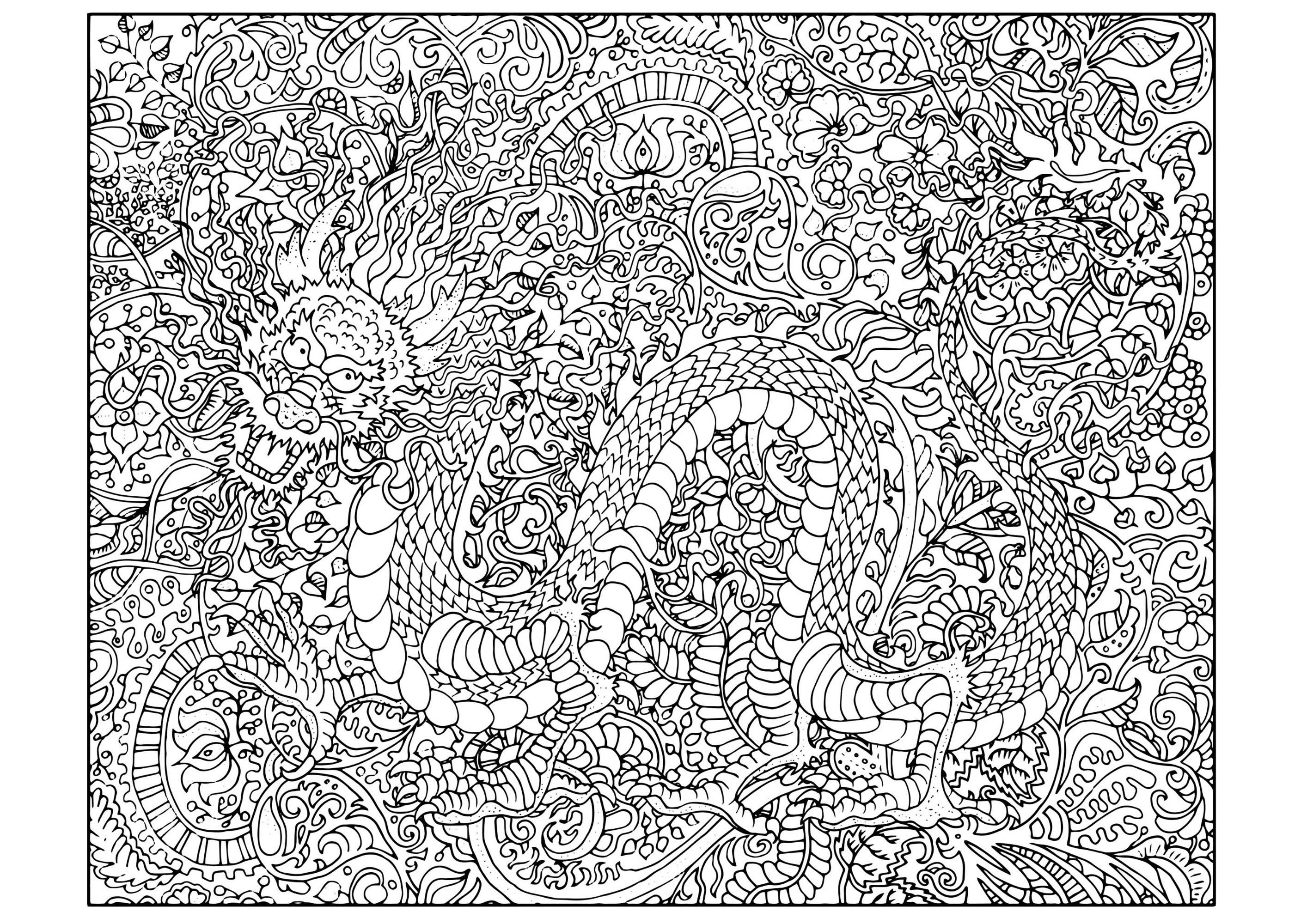 Full dragon in a complex coloring page with background full of details and patterns arâ dragon coloring page coloring pages printable christmas coloring pages