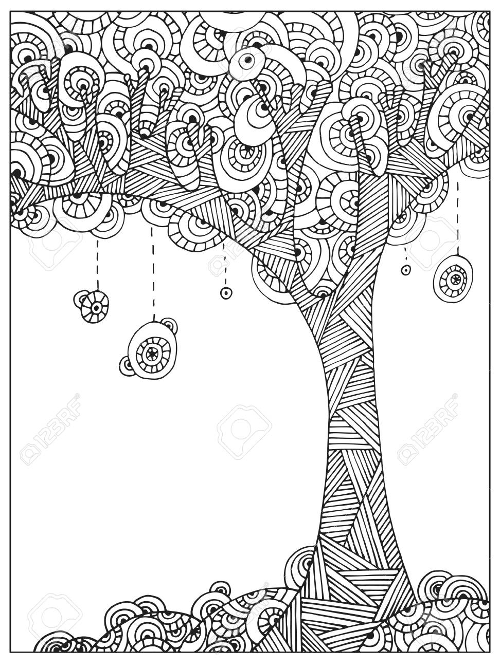 Hand drawn uncolored abstract tree on the hill line art for adult coloring book difficult coloring page royalty free svg cliparts vectors and stock illustration image