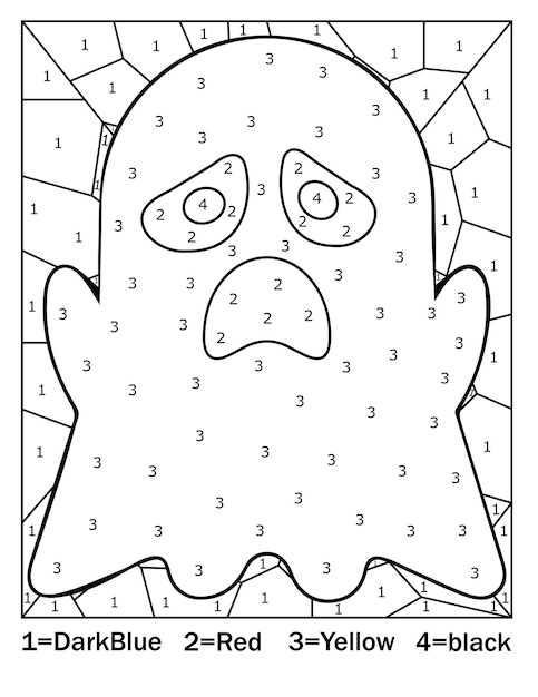 Premium vector halloween color by number coloring page for kids and adults