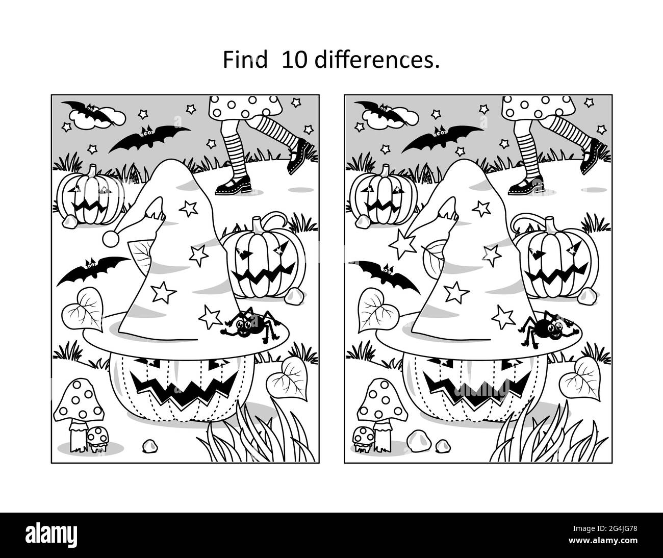 Halloween find differences visual puzzle and coloring page with little witch chasing her hat pumpkins bats spider stock photo